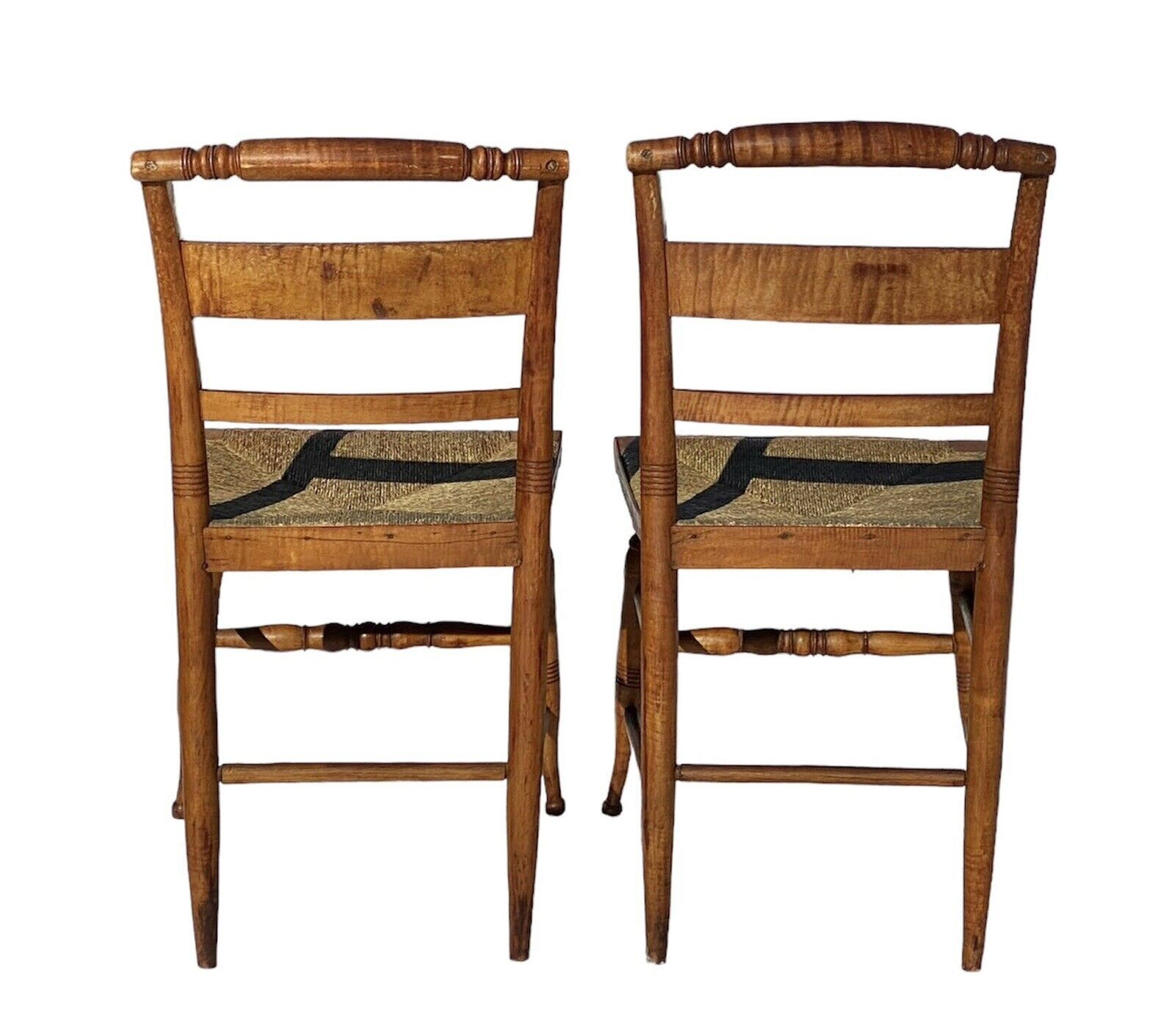 Antique Pair of Tiger Maple Side Chairs with Rush Seats