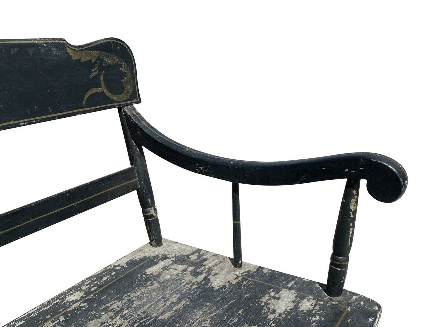 19th C Antique Black Painted Farmhouse / Deacons Bench - 6.5 Feet - Eagle Paint