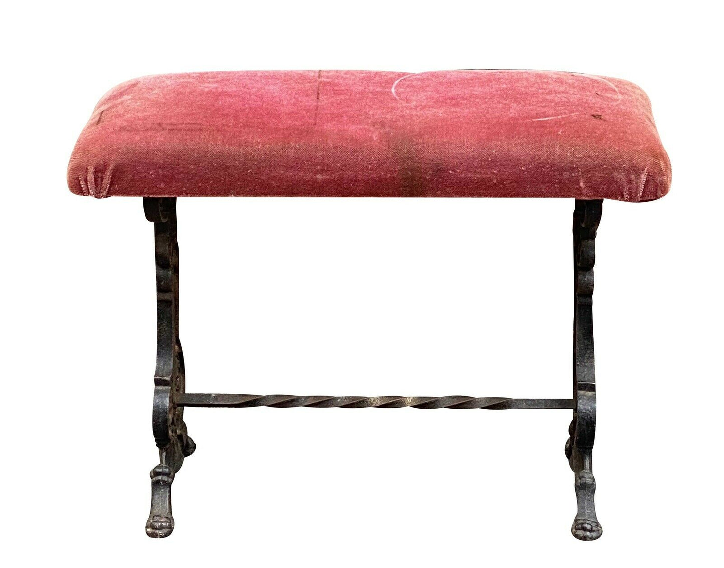 19th C Antique Victorian Cast Iron Window / Vanity Bench W/ Velvet Seat