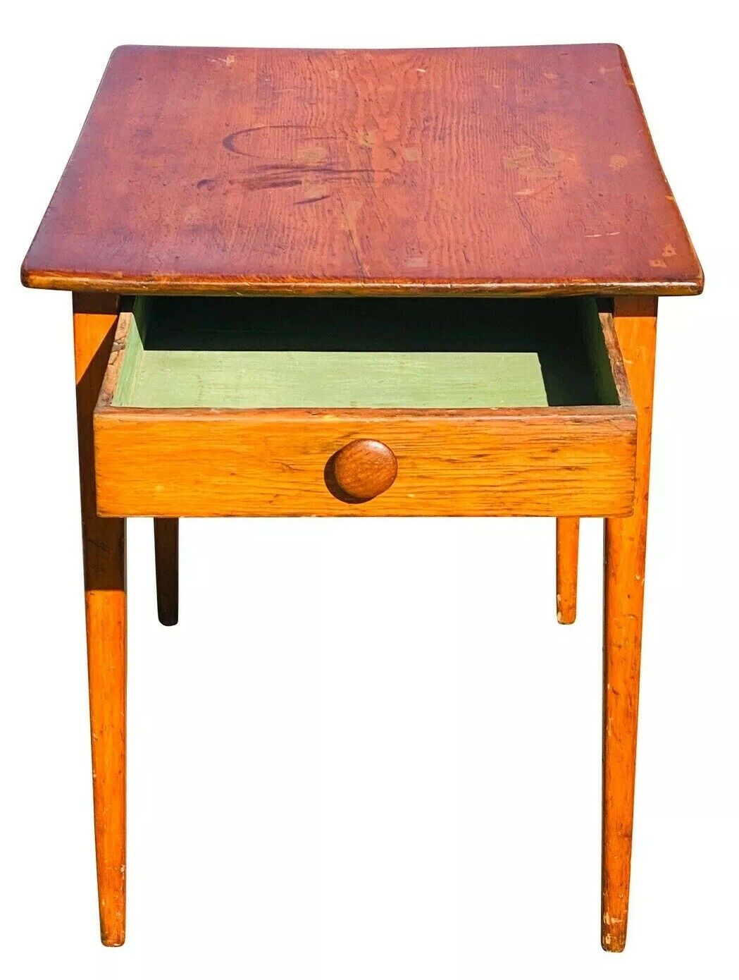19TH C ANTIQUE COUNTRY PRIMITIVE PUMPKIN PINE 1 DRAWER TAVERN / TAP TABLE