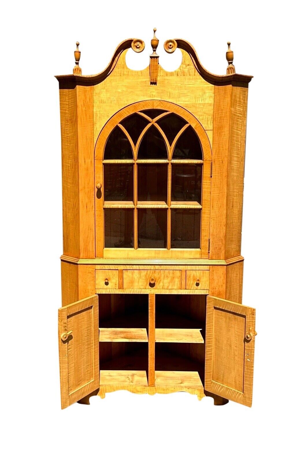 Federal Style Tiger Maple Two Piece Corner Cabinet With Arched Door & Bold Grain