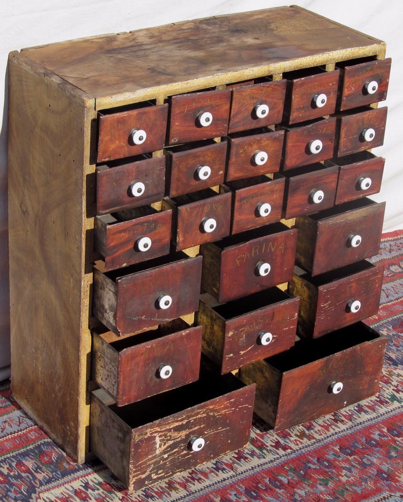 23 DRAWER EARLY 19TH CT SPONGE PAINT DECORATED TIN DRAWER SPICE CHEST-MAINE
