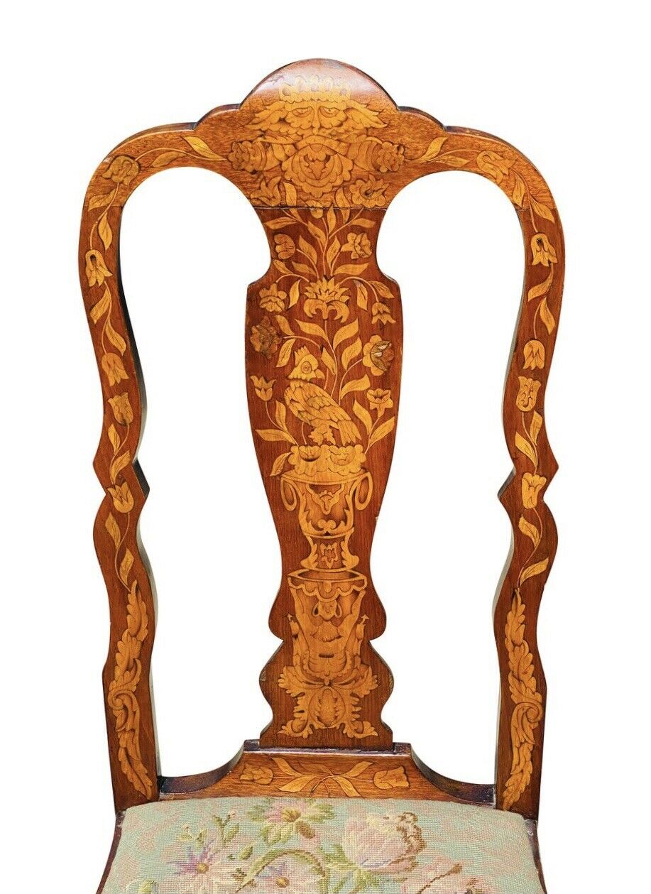 18TH C ANTIQUE DUTCH MARQUETRY INLAID WALNUT CHAIR ~ NORTH WIND FACE & MERMAID