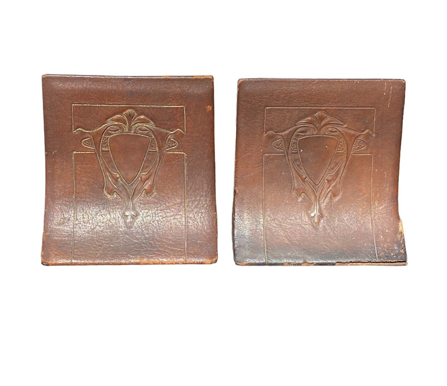 Antique Arts & Crafts Leather Cordova Shop Bookends - Buffalo NY