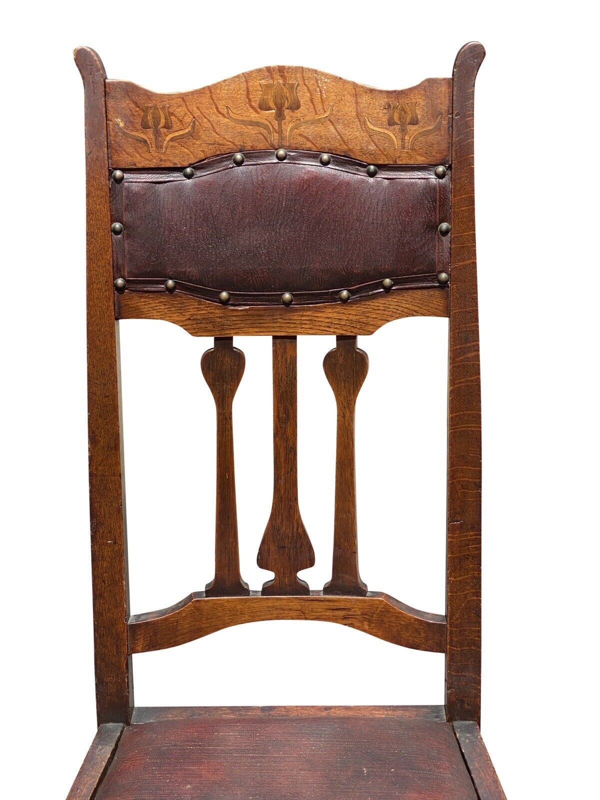 Set of Six Arts & Crafts Mission Oak Dining Chairs With Tulip Inlaid Crest Rails