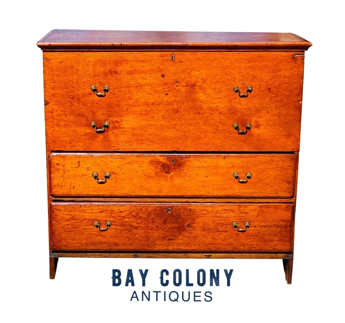 18TH C ANTIQUE NEW ENGLAND QUEEN ANNE PUMPKIN PINE BLANKET CHEST WITH 2 DRAWERS