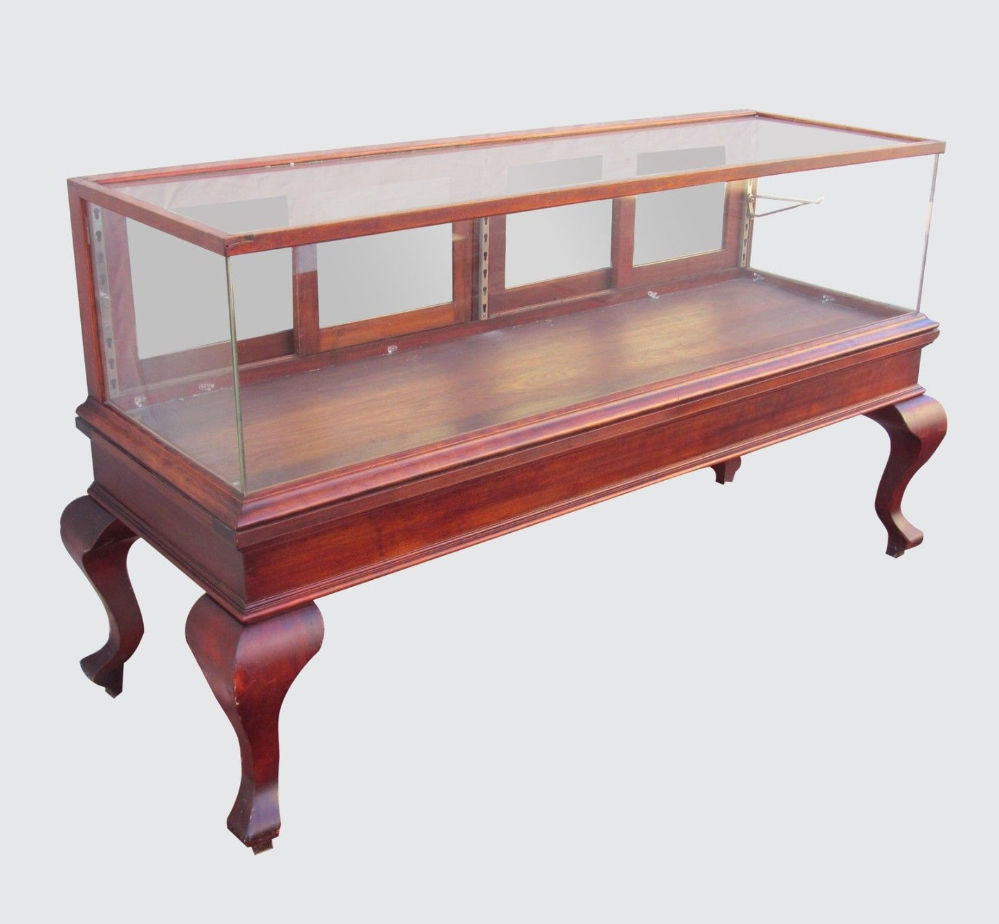 FANCY VICTORIAN BIRCH DISPLAY CASE ON TALL CABRIOLET LEGS