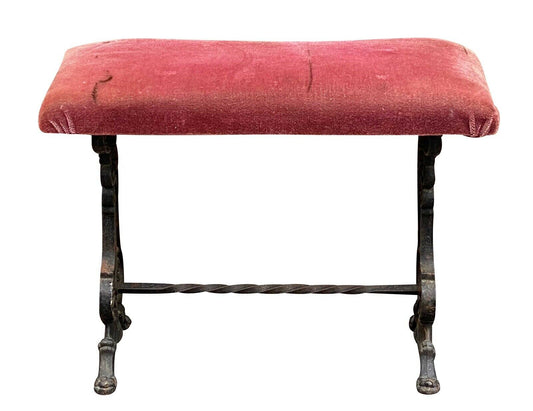 19th C Antique Victorian Cast Iron Window / Vanity Bench W/ Velvet Seat