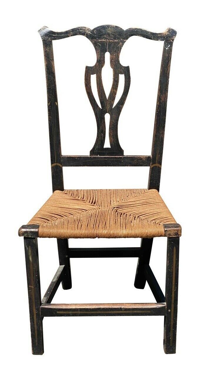 18TH C ANTIQUE NEW ENGLAND COUNTRY PRIMITIVE CHIPPENDALE SIDE CHAIR W/ RUSH SEAT