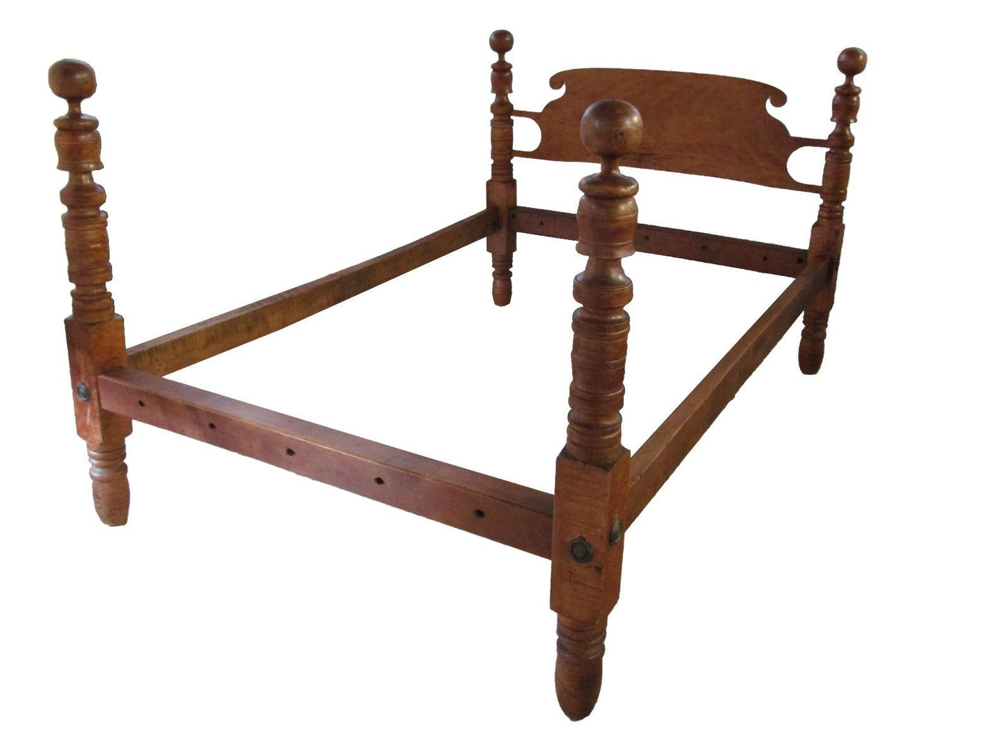 18TH CENTURY SOLID BIRDS EYE MAPLE & FLAME CHERRY 4 POSTER CANNONBALL BED