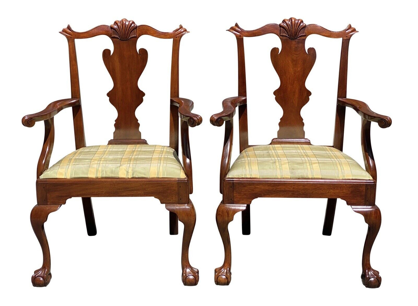 20th C Vintage Pair of Mahogany Henkel Harris Shell Carved Armchairs