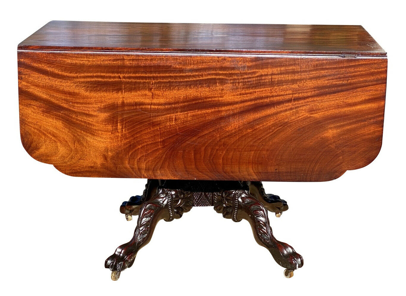 19th C Antique New York Heavily Carved Classical Mahogany Drop Leaf Dining Table