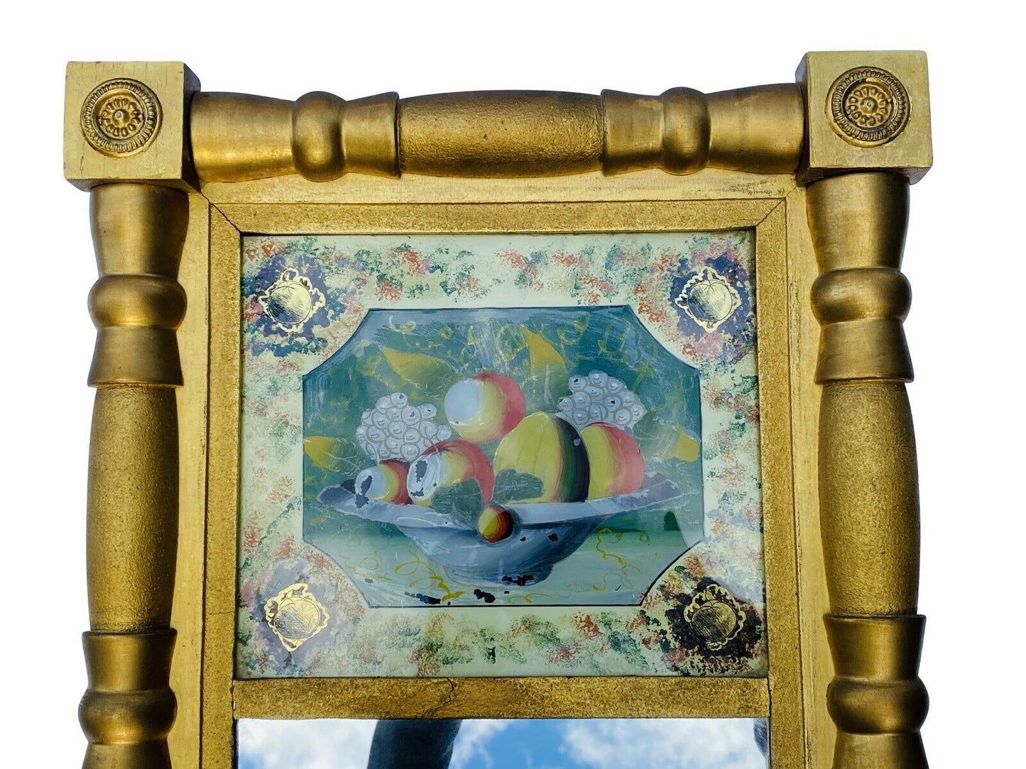 19TH C ANTIQUE SHERATON GOLD GILT MIRROR W/ REVERSE PAINTED BASKET OF FRUIT