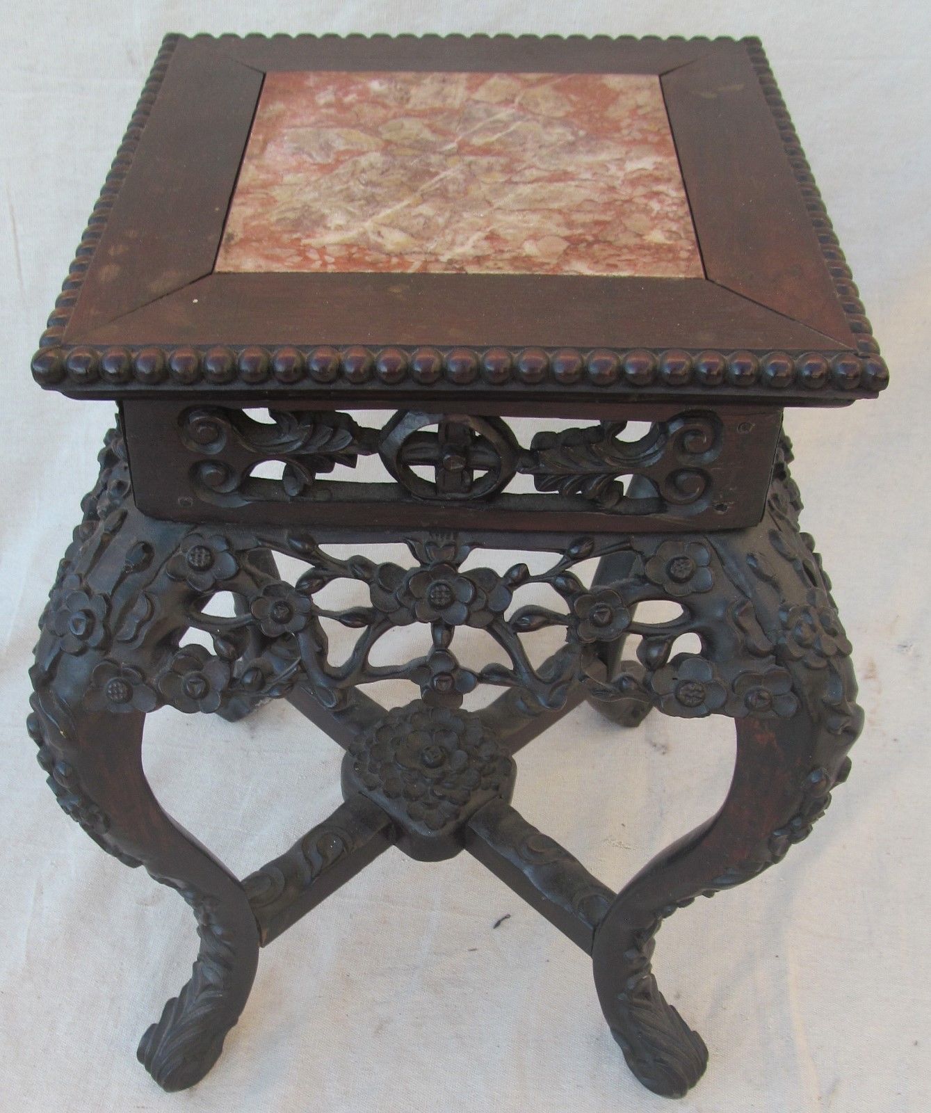 FINE 19TH CENTURY CARVED ROSEWOOD & PINK MARBLE CHINESE TABORET TABLE STAND