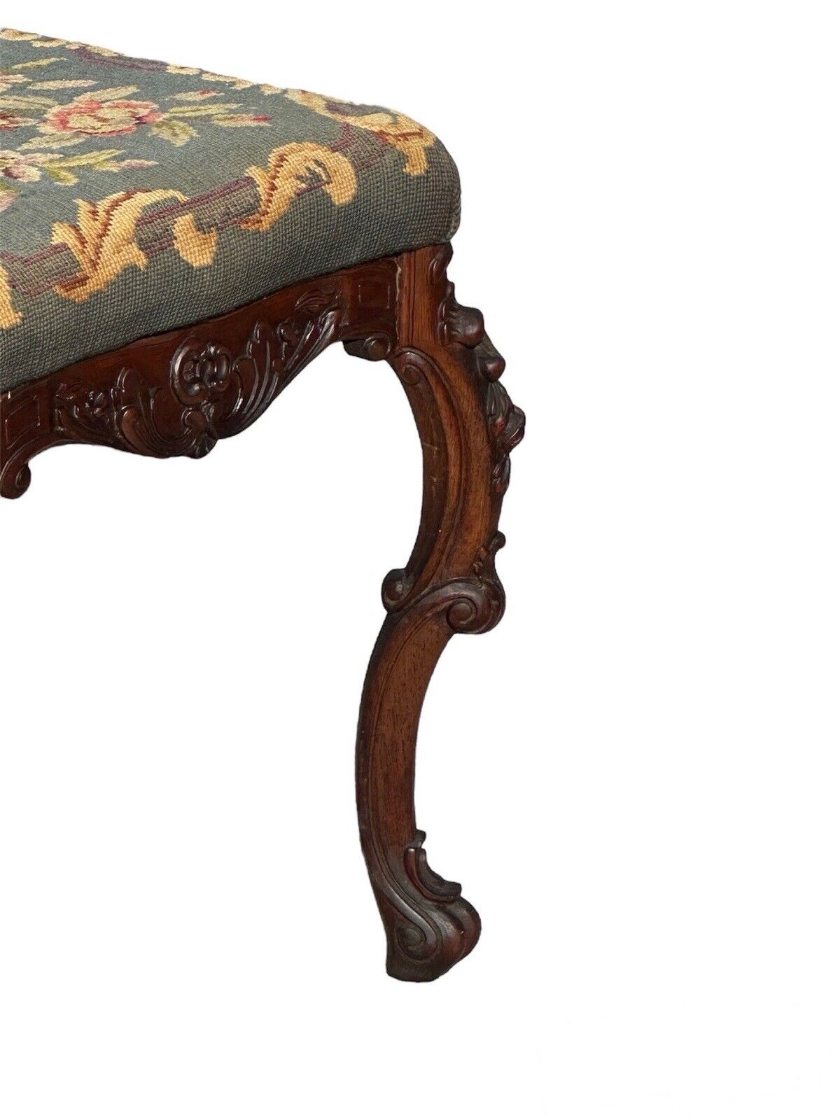 Antique French Louis XV Style Walnut Vanity Bench With Needlepoint Floral Basket