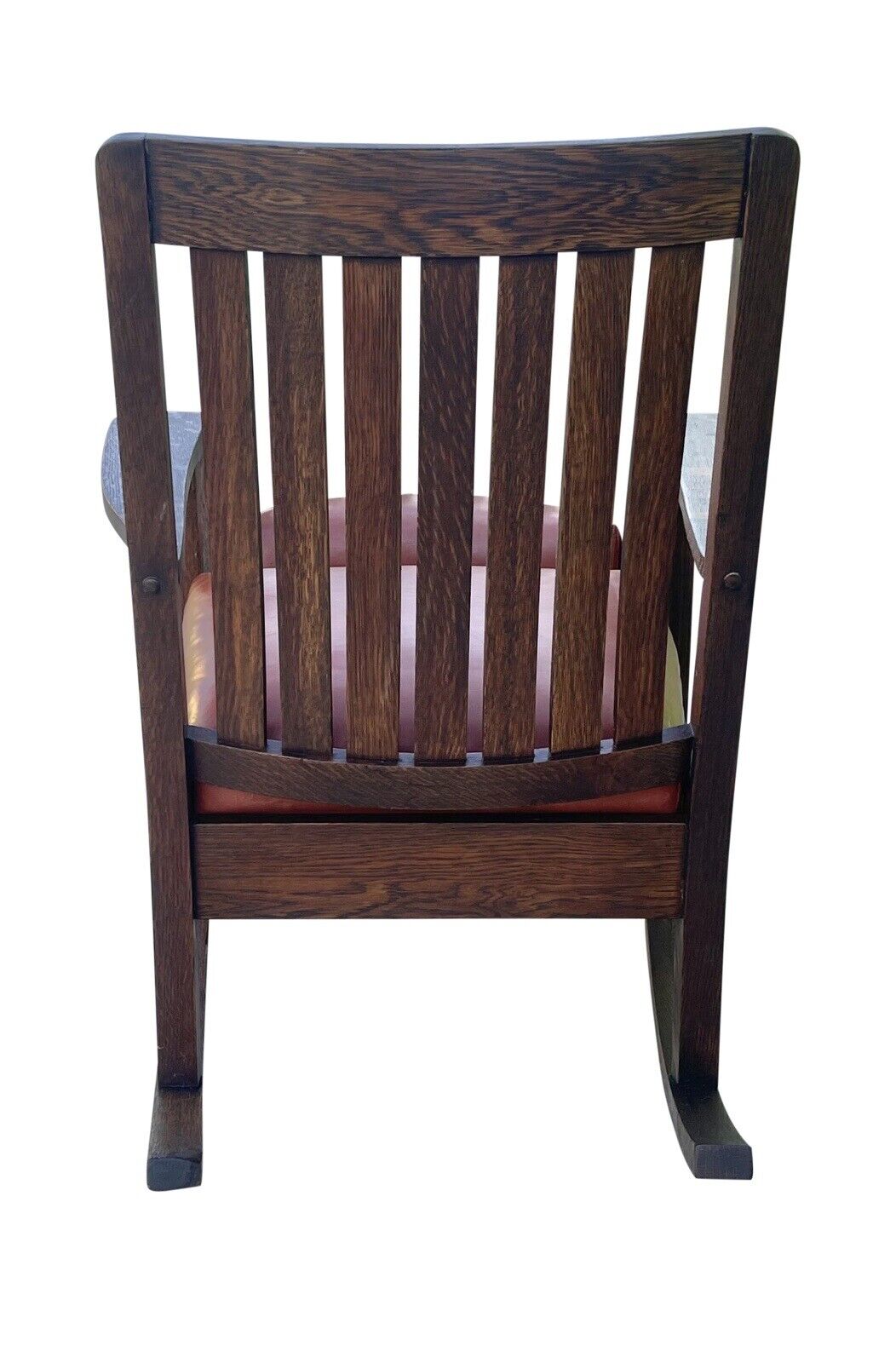 Pair of Antique Arts & Crafts Tiger Oak Rocking Chairs With Orange Leather Seats