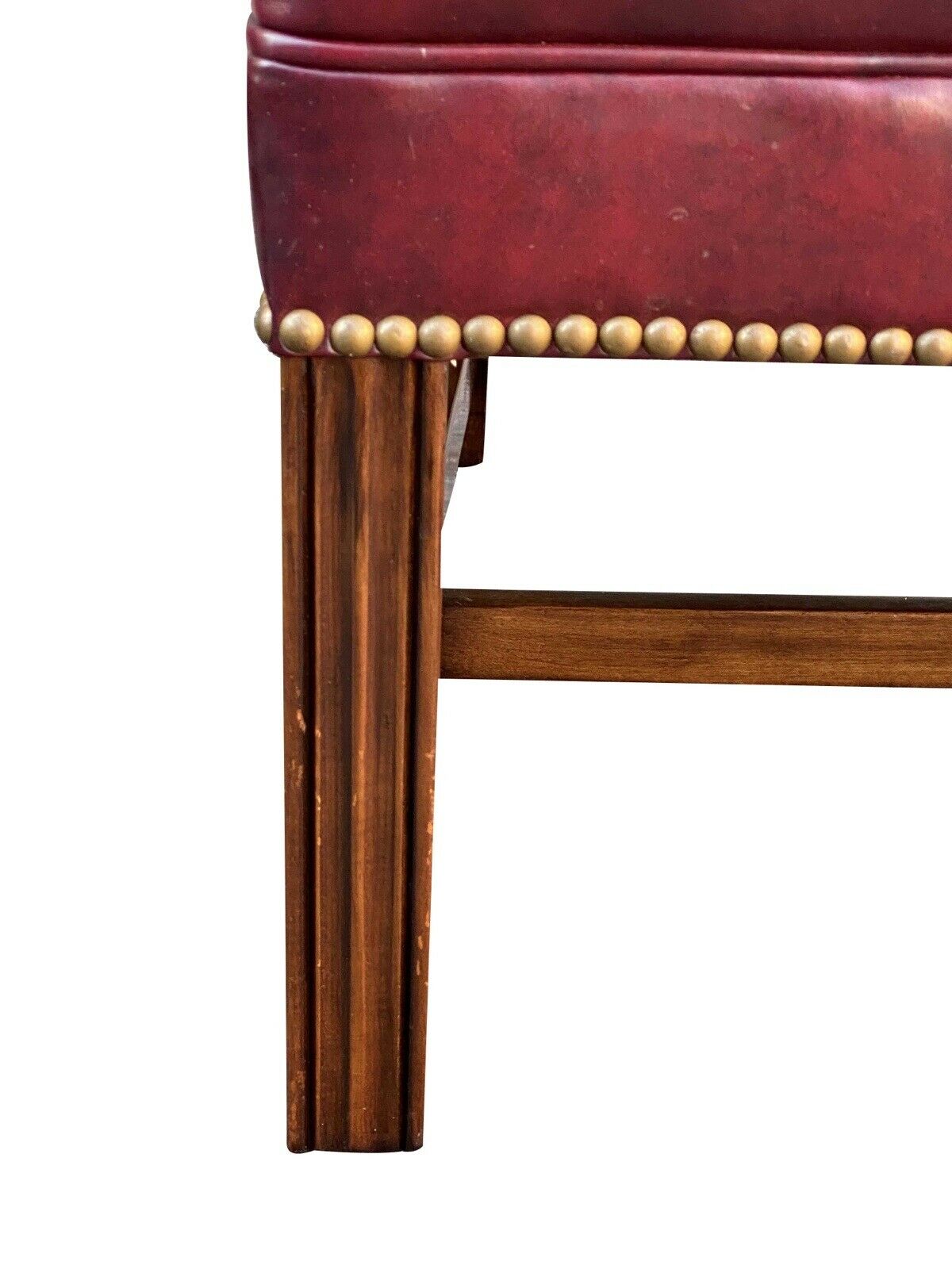 20th C Chippendale Antique Style Pair Of Tufted Red Leather Wing Back Arm Chairs