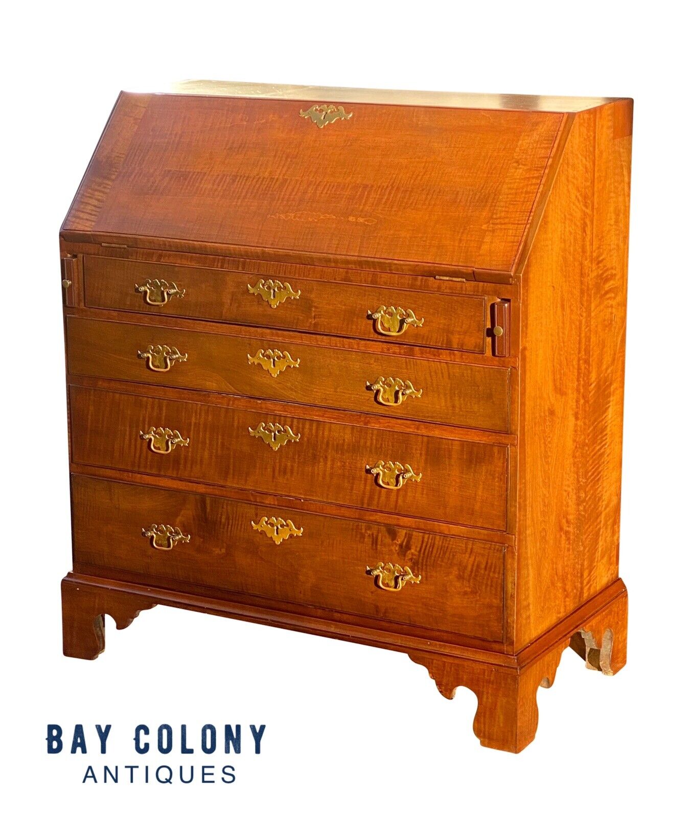20th C Chippendale Antique Style Tiger Maple Slant Lid Desk With Hidden Drawer