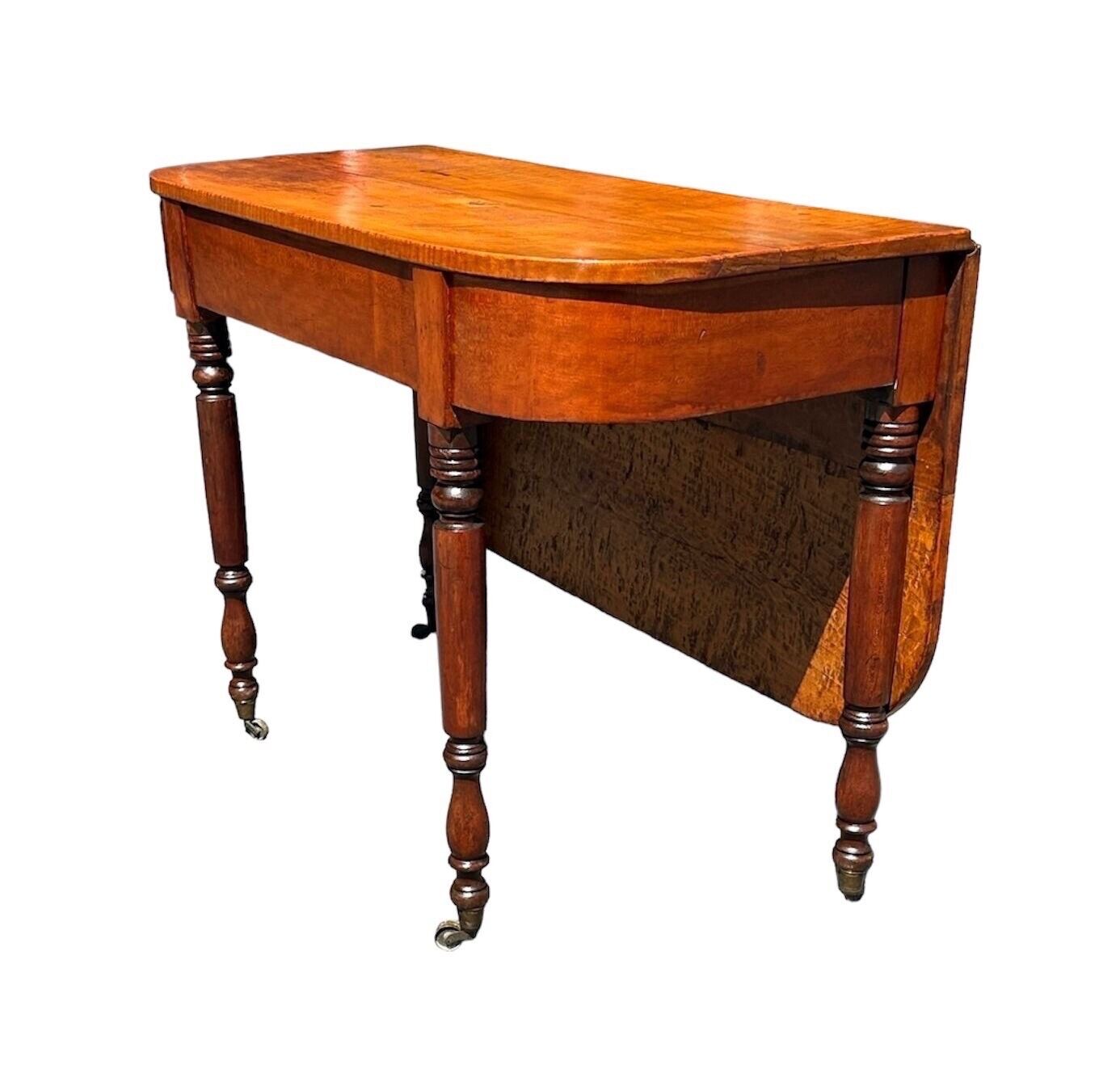 Early 19th Century Antique Federal Tiger Maple & Cherry Dropleaf Bakers Table