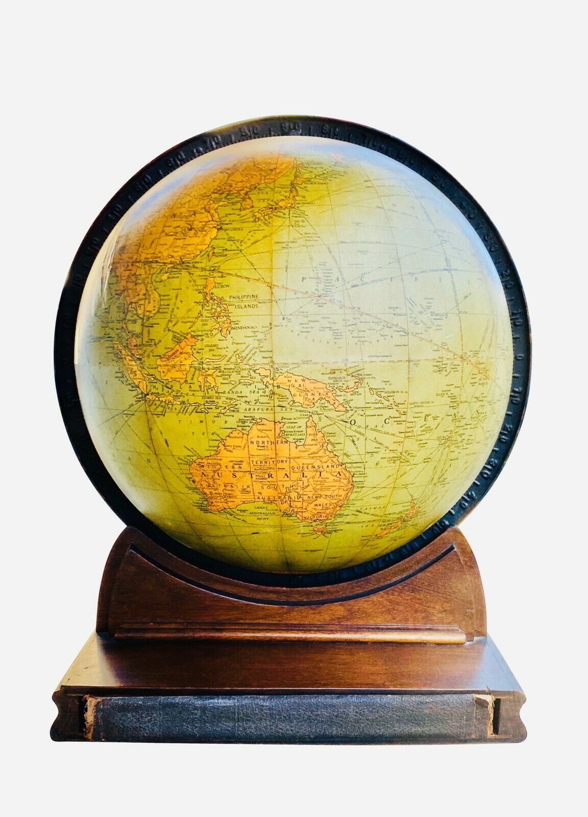 EARLY 20TH C ANTIQUE 1934 REPLOGLE 12 INCH GLOBE W/ ORIGINAL BOOK STORAGE BASE