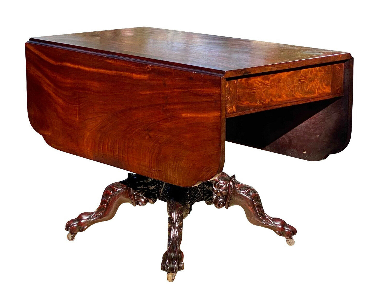 19th C Antique New York Heavily Carved Classical Mahogany Drop Leaf Dining Table