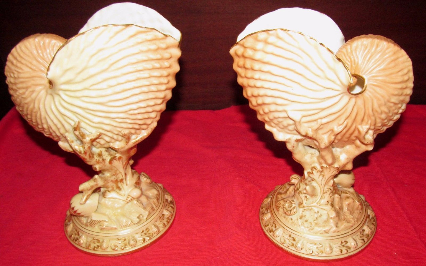 PAIR OF ANTIQUE ROYAL WORCESTER NAUTILUS SHELL FORMED VASES