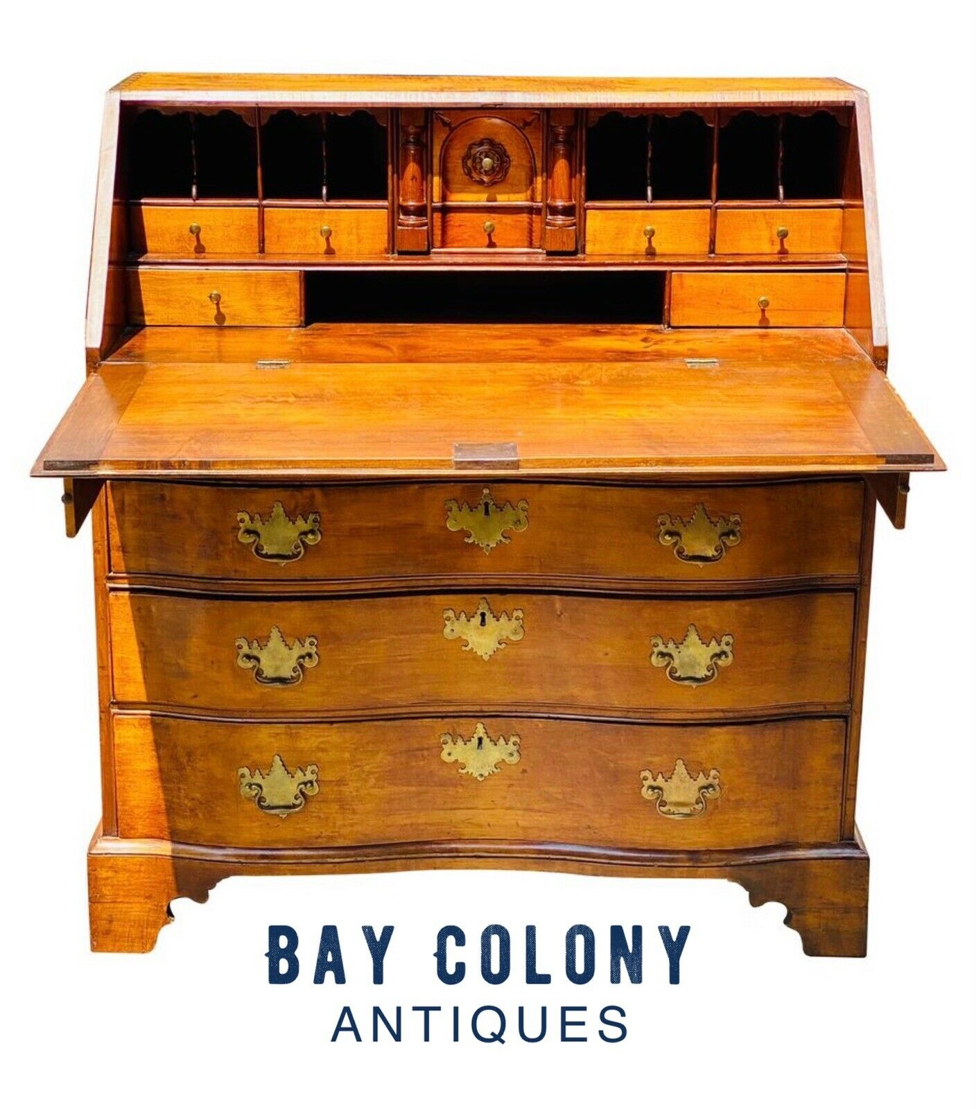 18TH C ANTIQUE CHIPPENDALE TIGER MAPLE MASSACHUSETTS OXBOW SLANT LID DESK