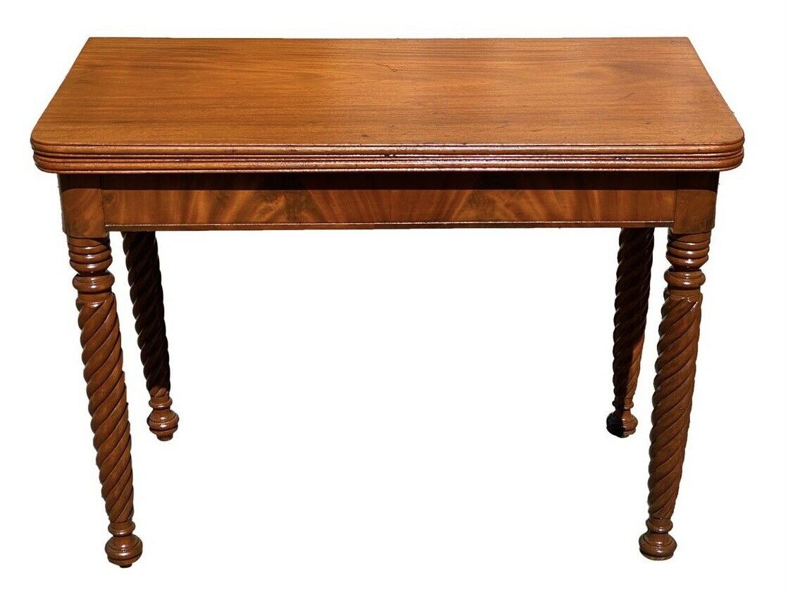 19TH C ANTIQUE SHERATON MAHOGANY ROPE LEG GAME TABLE / CARD TABLE