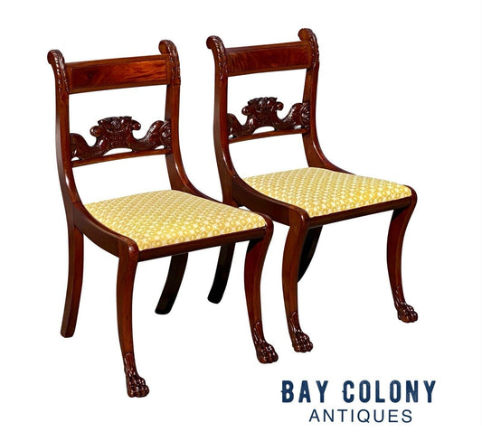 19th C Antique Pair Of Classical Carved Mahogany Chairs - Duncan Phyfe Nyc