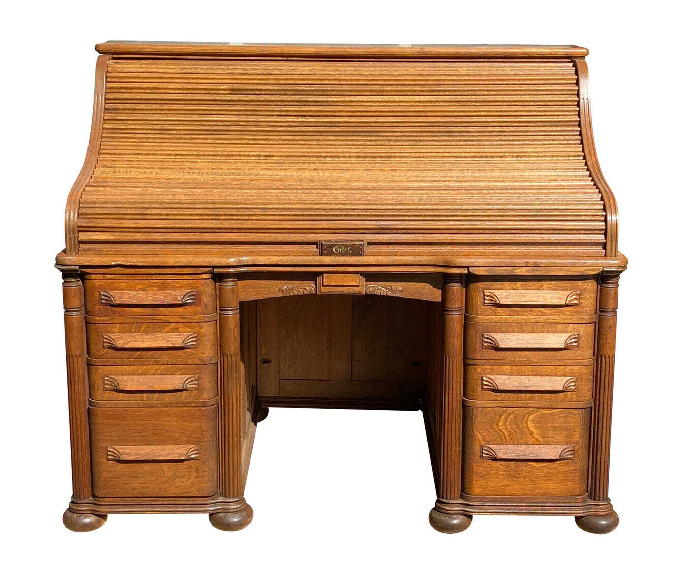 19TH C ANTIQUE VICTORIAN CUTLER DESK COMPANY TIGER OAK S CURVE ROLL TOP DESK