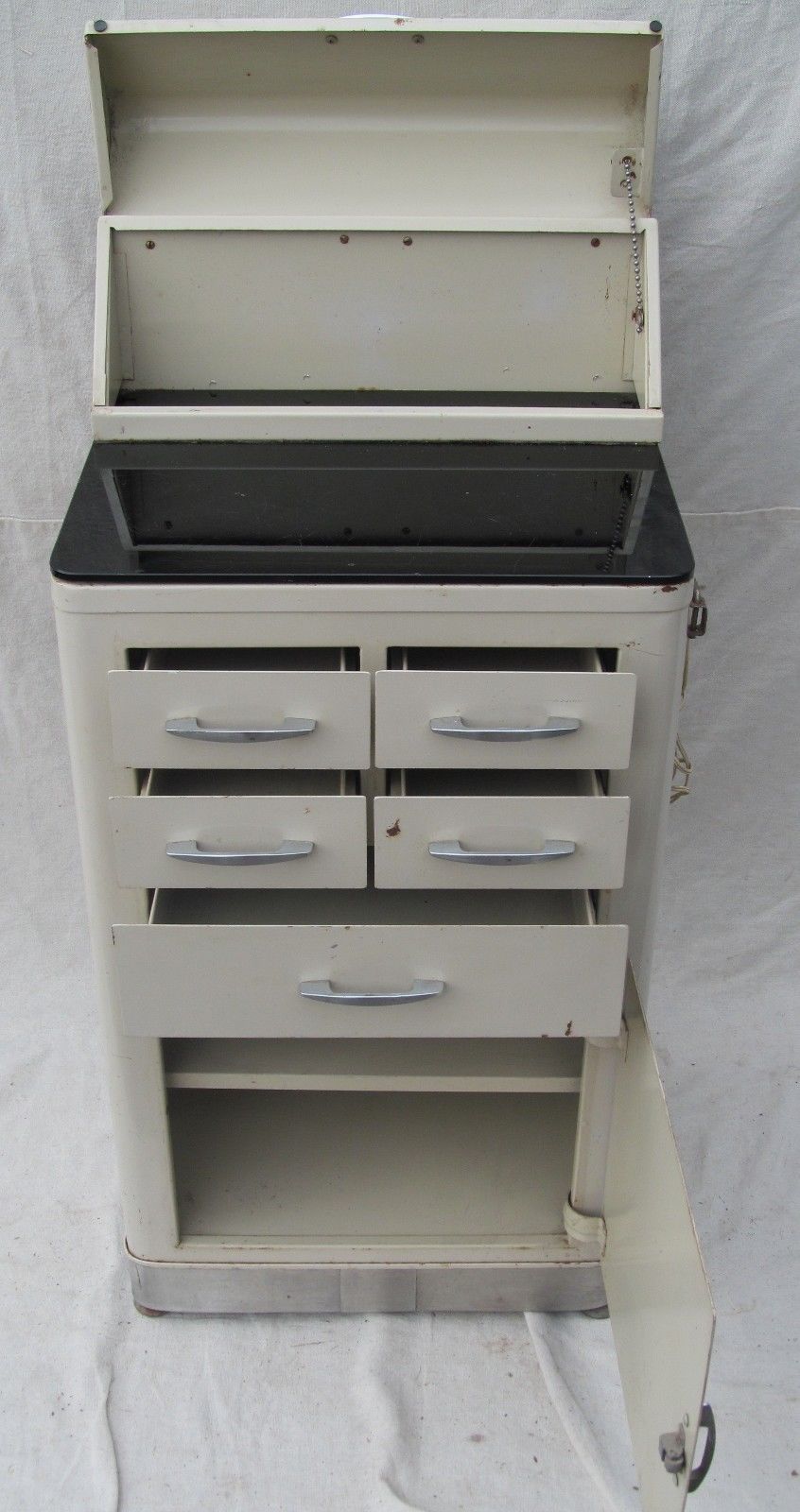 ART DECO ENAMELED MEDICAL CABINET WITH JET BLACK GLASS TOP BY CERTIFIED