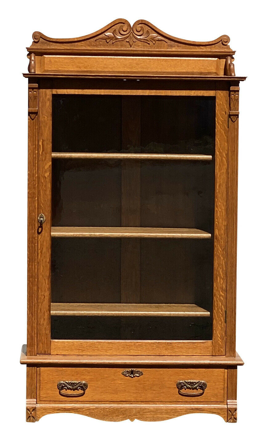 19TH C ANTIQUE TIGER OAK SINGLE DOOR VICTORIAN BOOKCASE ~ EXCEPTIONALLY CLEAN