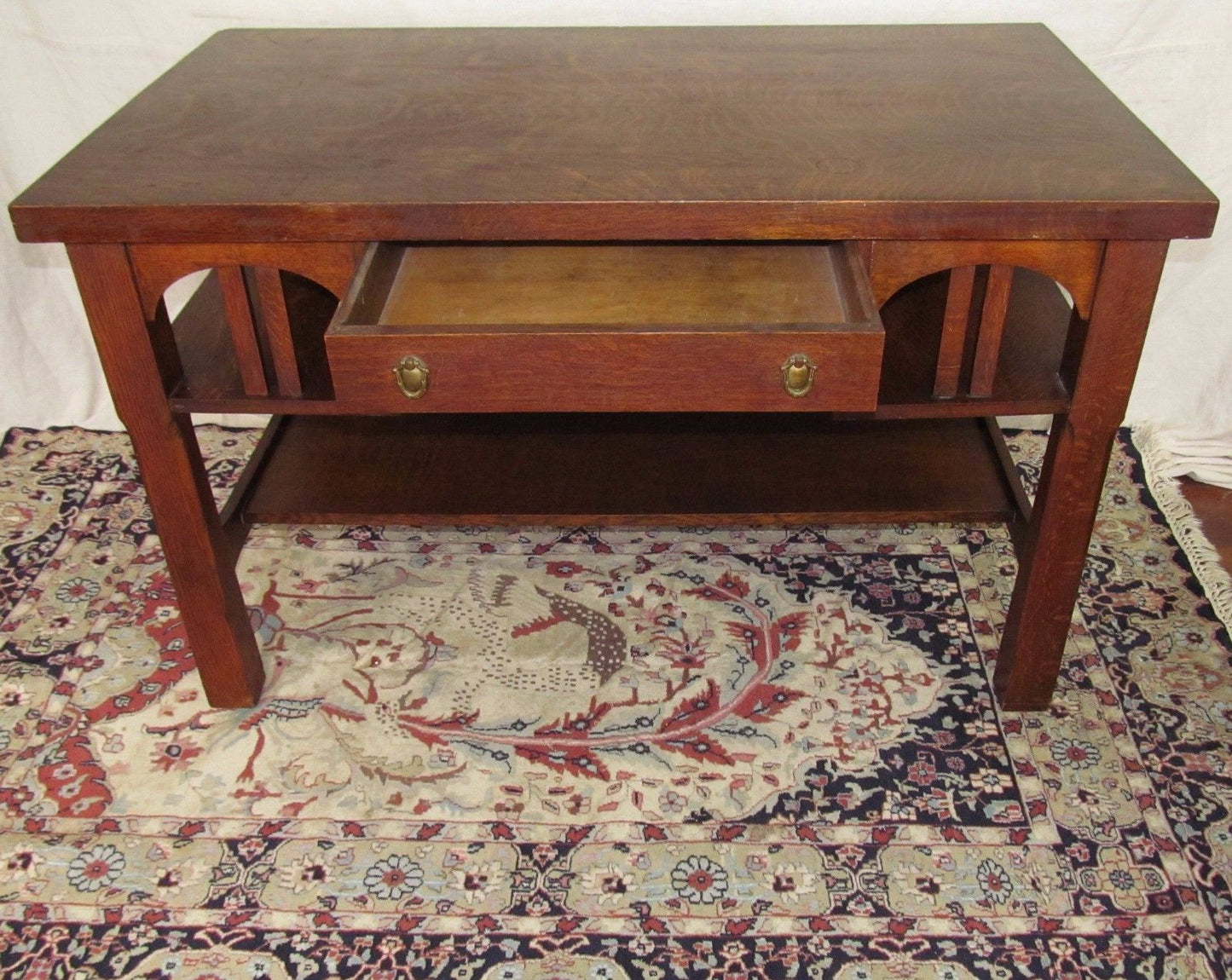 RARE SIZED 48" MISSION OAK CRAFTSMAN DESK W/ ARTS & CRAFTS BRASS PULLS-NICE COND
