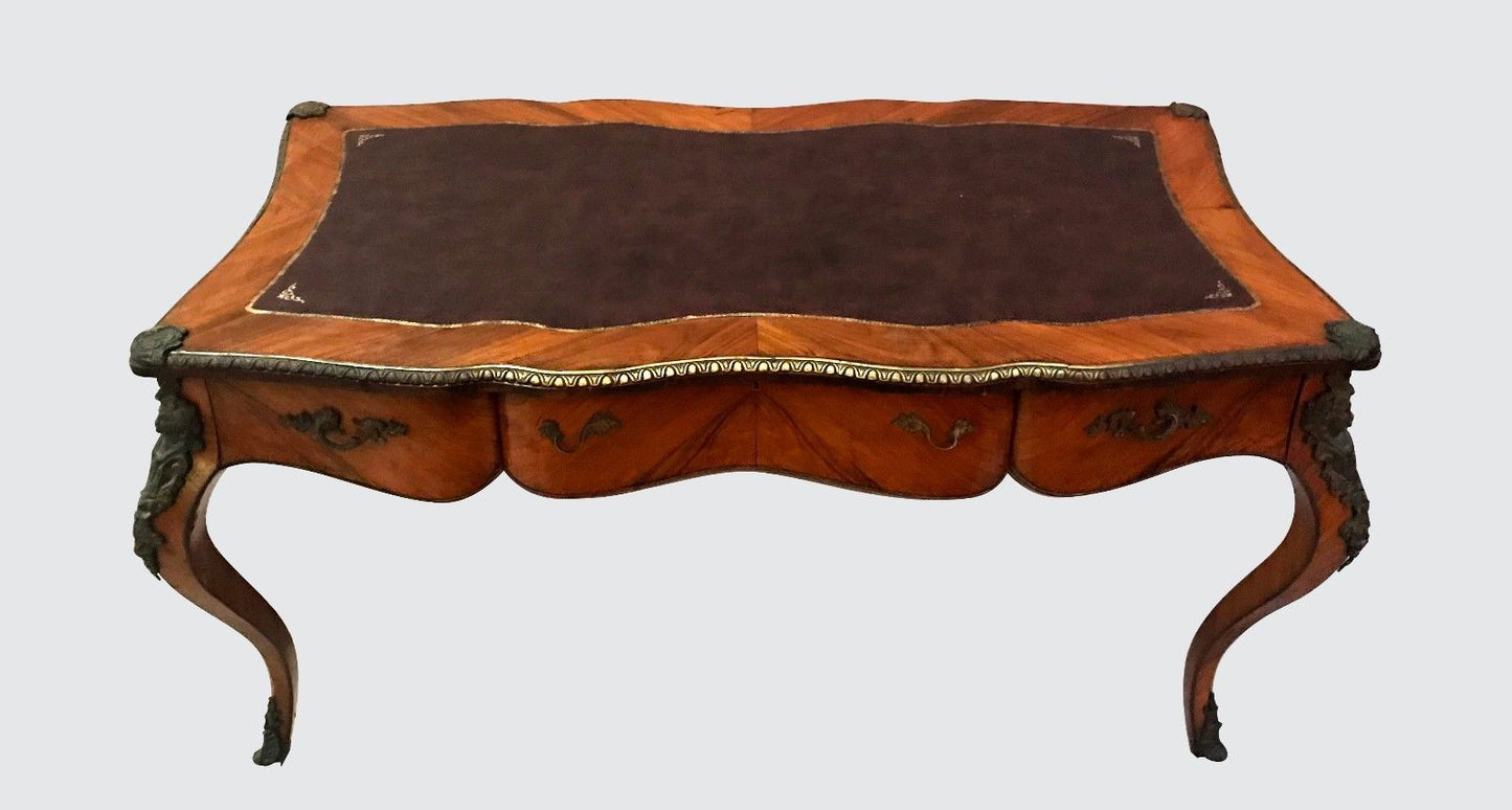 FRENCH LOUIS XV STYLED BUREAU PLAT LEATHER TOPPED WRITING DESK