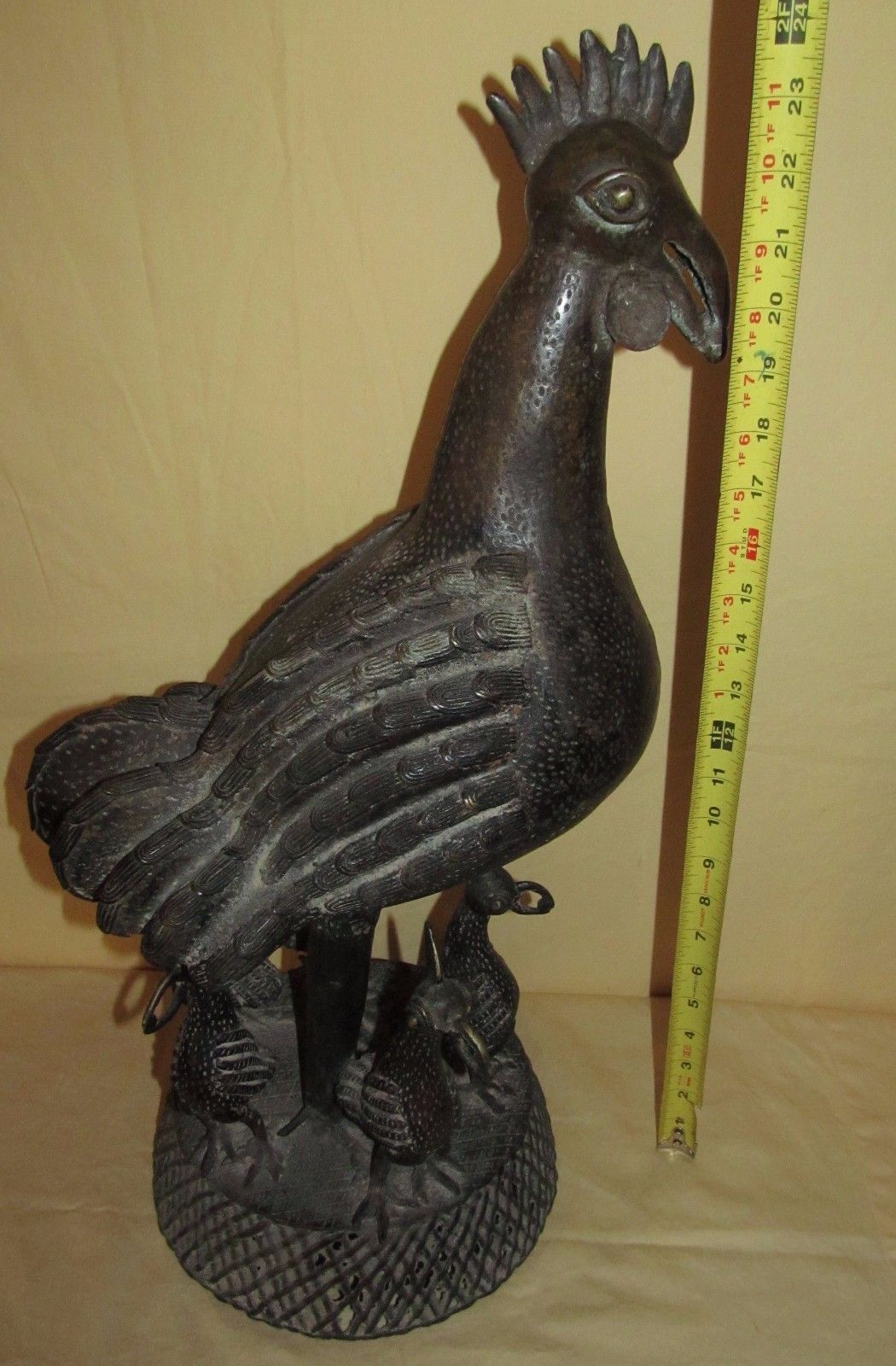 BENIN AFRICAN MIXED METAL STATUE DEPICTING ROOSTER WITH 5 CHICKS