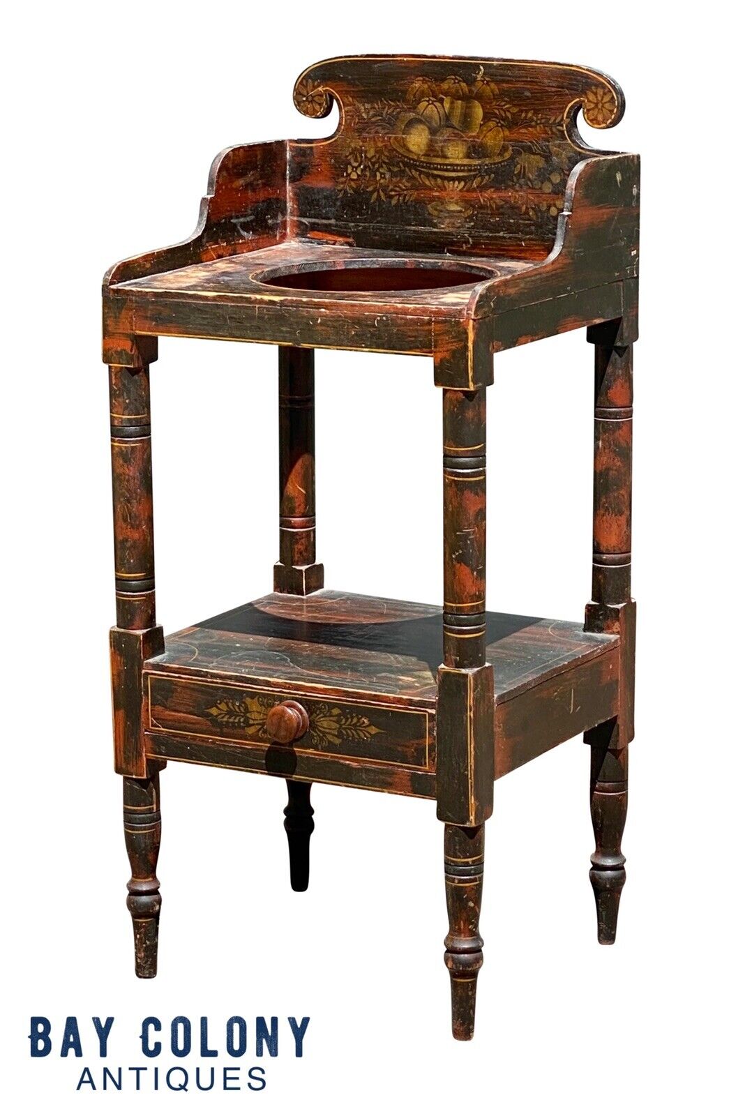 19th C Antique New England Sheraton Fancy Paint Wash Stand - Black & Red
