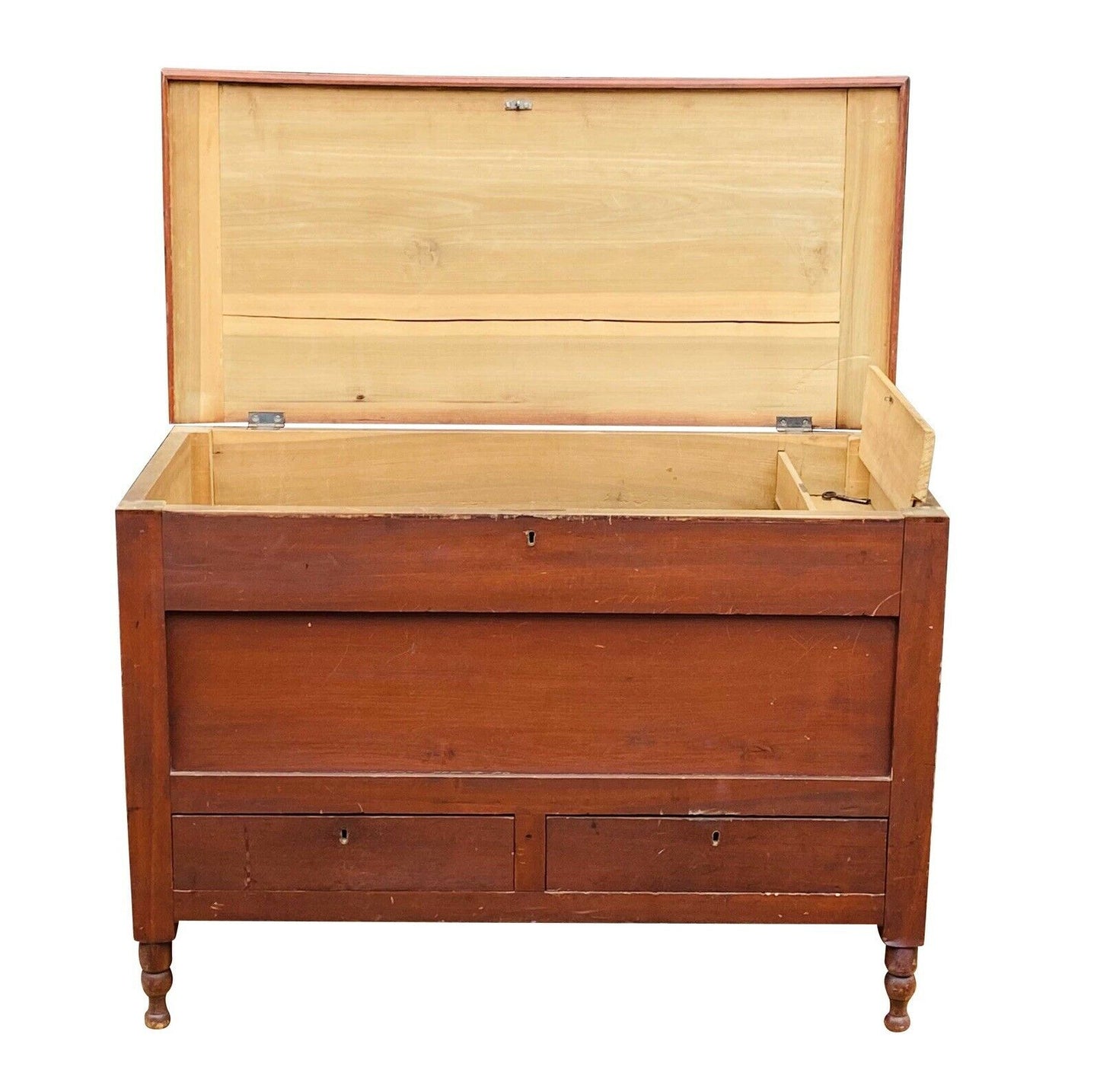19th C Antique Federal Period Red Wash Blanket Box With 2 Drawers