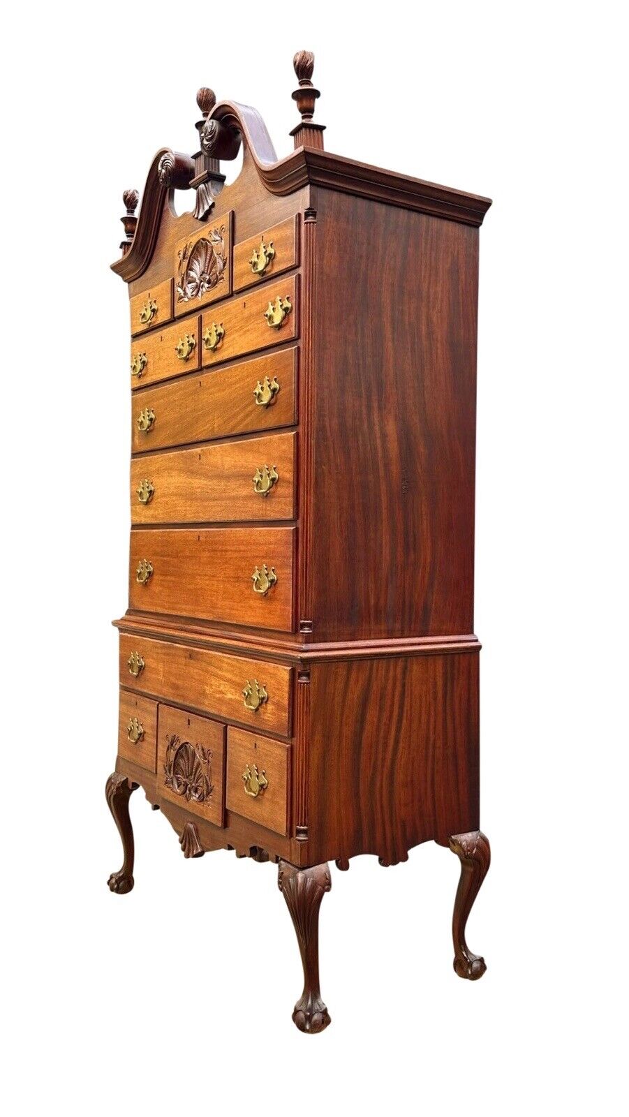 Antique Chippendale Style Mahogany Shell Carved Highboy on Ball & Claw Feet