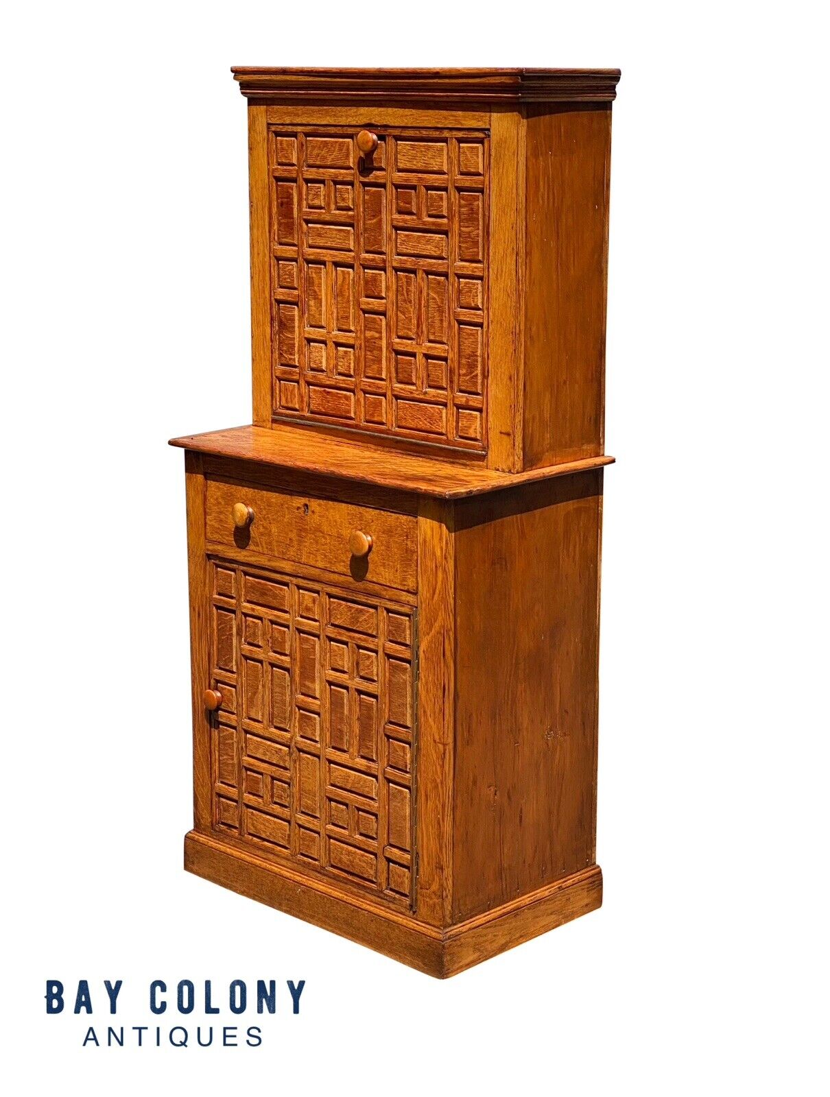 Antique Arts & Crafts Oak Liquor Cabinet With Geometric Panel Doors - Rare Size
