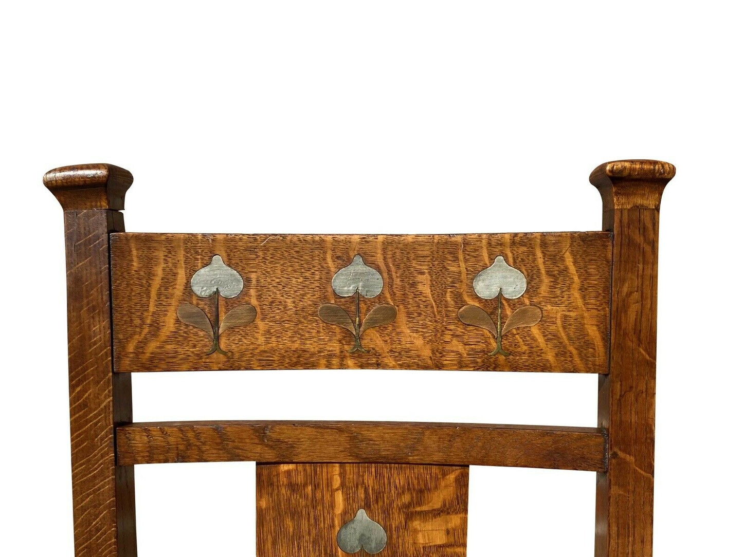 20TH C ANTIQUE ARTS & CRAFTS / ART NOUVEAU TIGER OAK SIDECHAIR W/ METAL INLAY