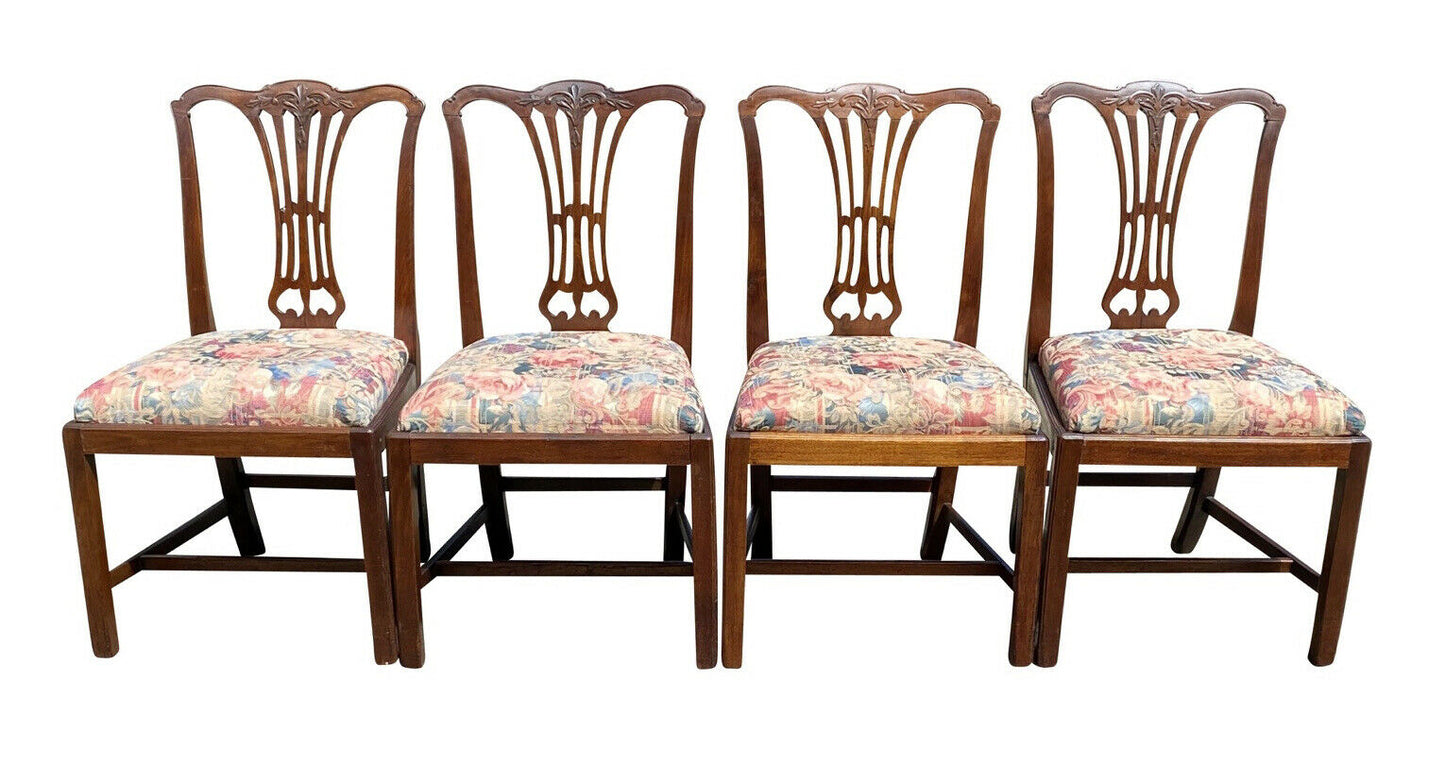 19TH C SET OF 8 ANTIQUE MAHOGANY CHIPPENDALE DINING CHAIRS W/ FLORAL SEATS