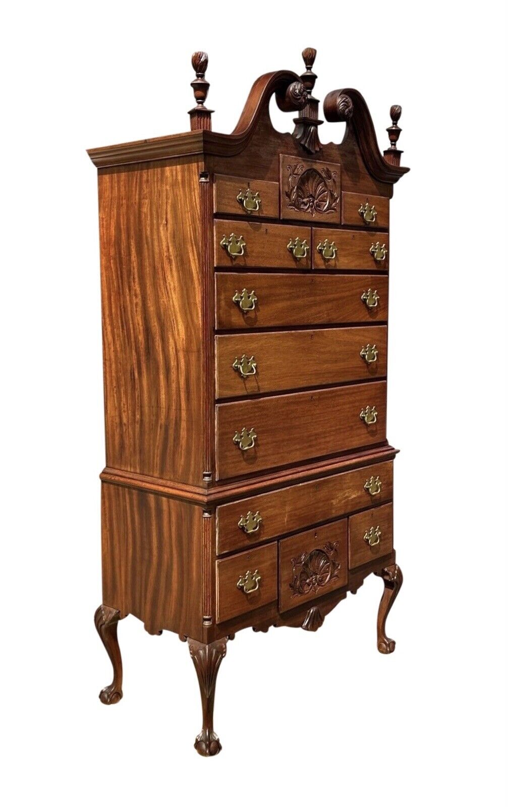 Antique Chippendale Style Mahogany Shell Carved Highboy on Ball & Claw Feet