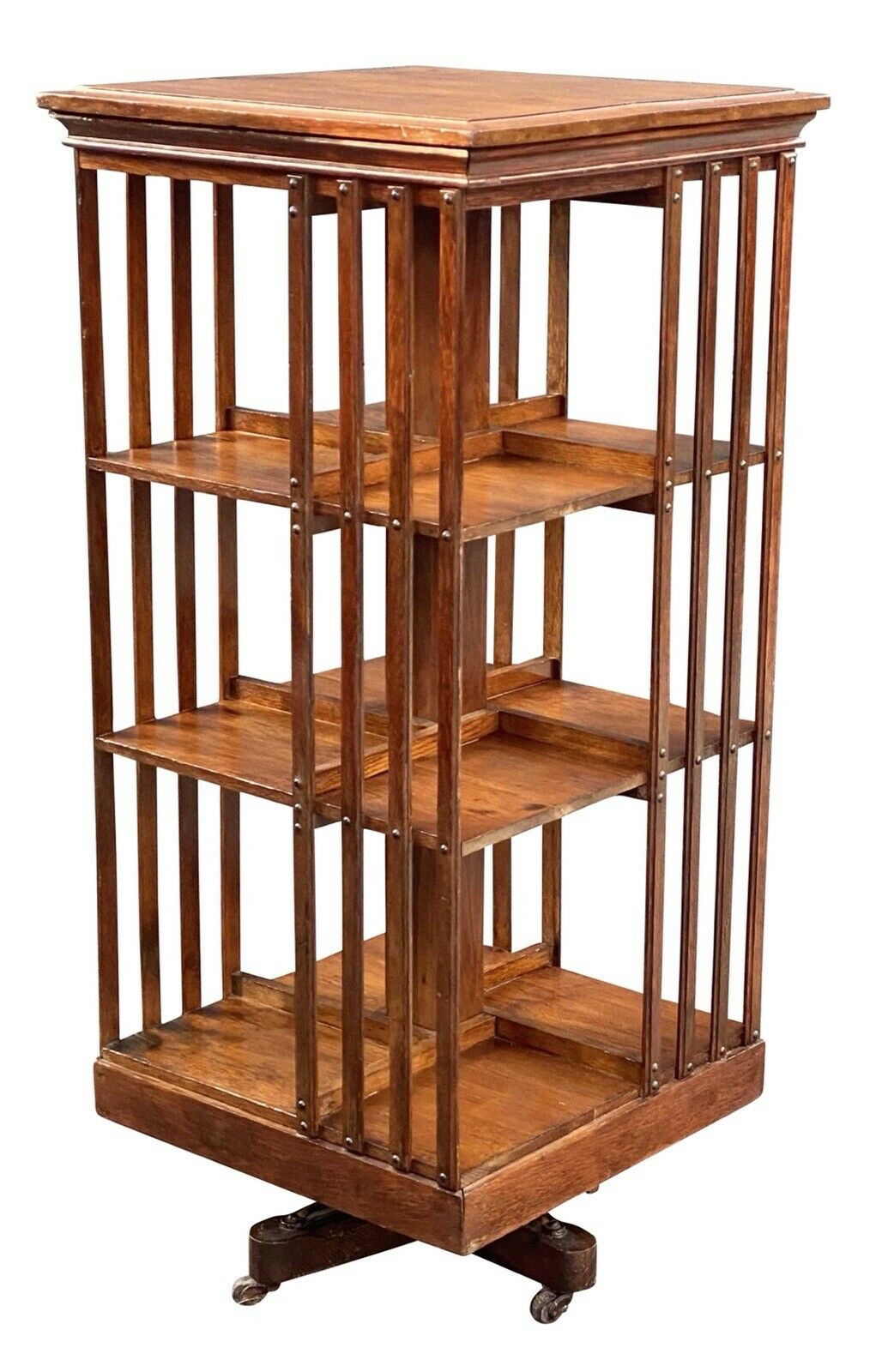 19TH C ANTIQUE TIGER OAK DANNER REVOLVING 3 TIER CHAMPION BOOKCASE