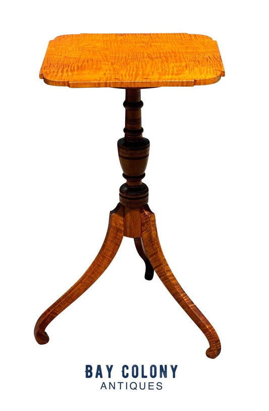 19th C Antique Federal Period Tiger Maple Candlestand / End Table - Curly Maple