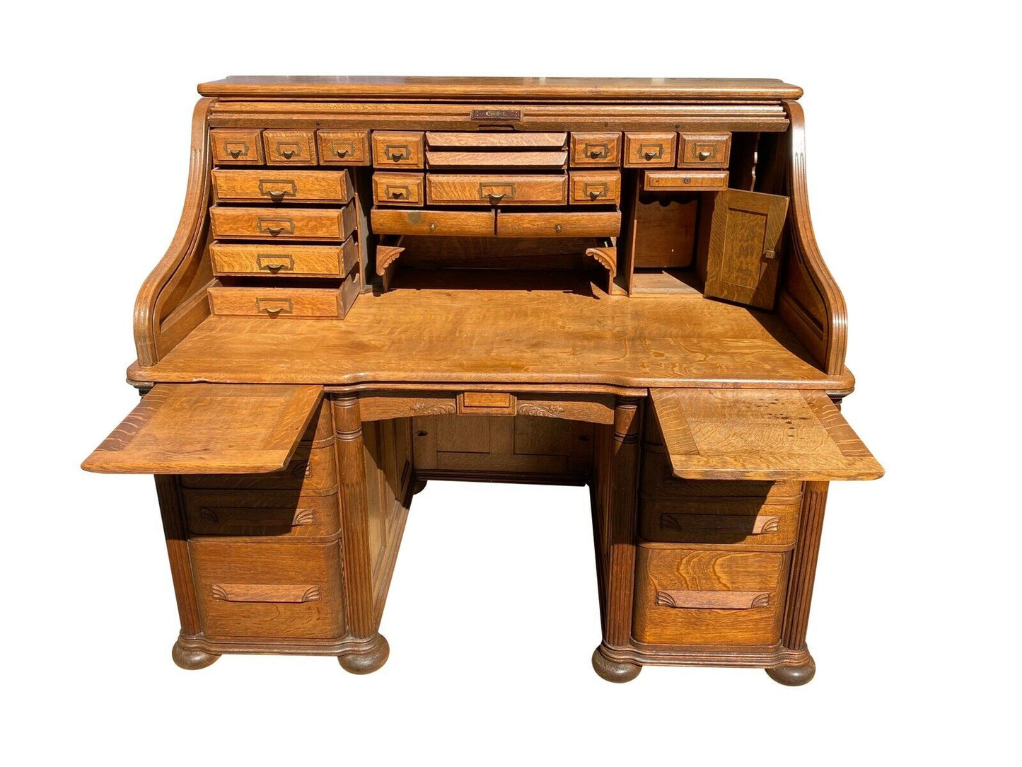 19TH C ANTIQUE VICTORIAN CUTLER DESK COMPANY TIGER OAK S CURVE ROLL TOP DESK