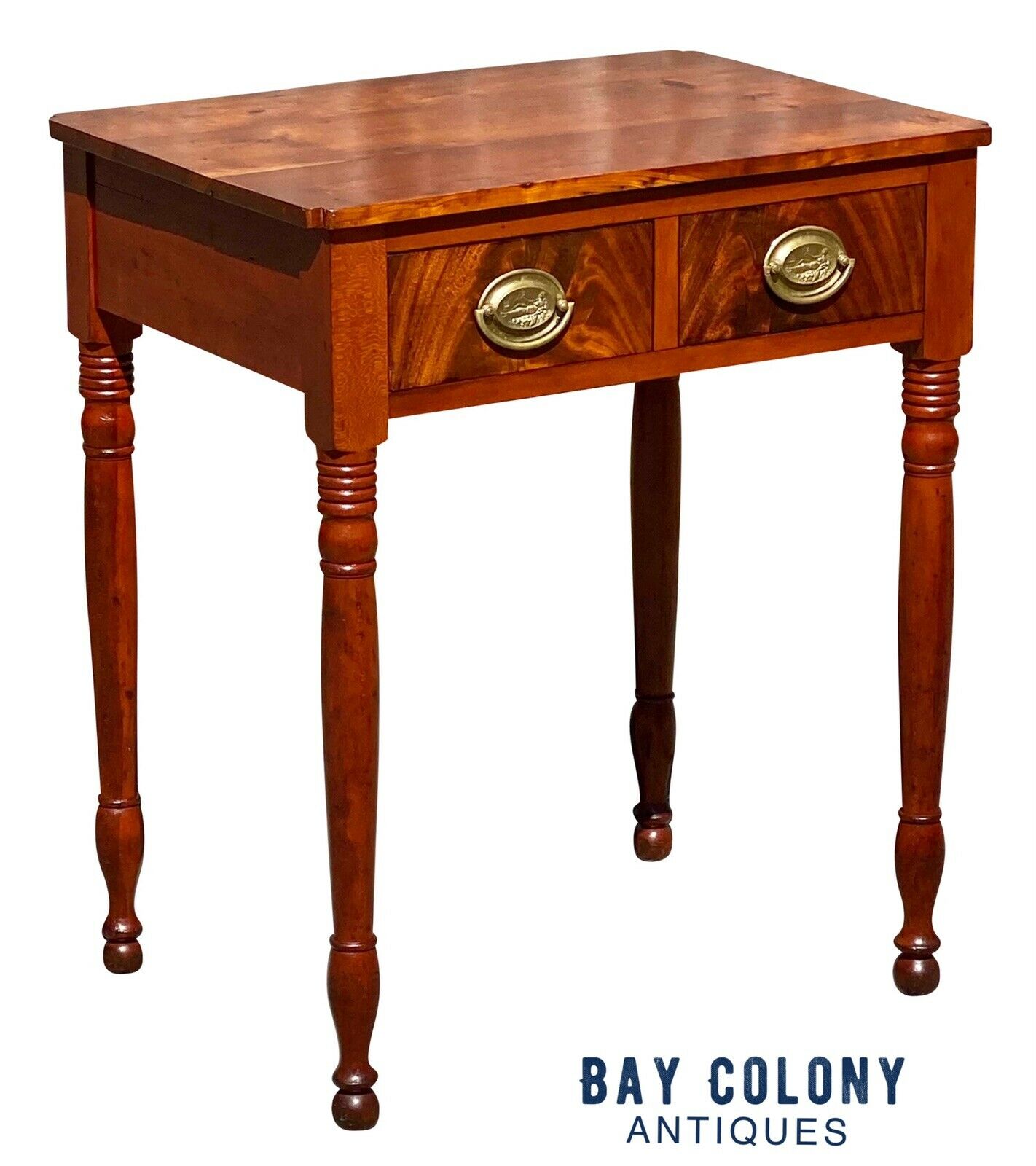 19th C Antique Sheraton Mahogany 2 Drawer Work Table / Nightstand