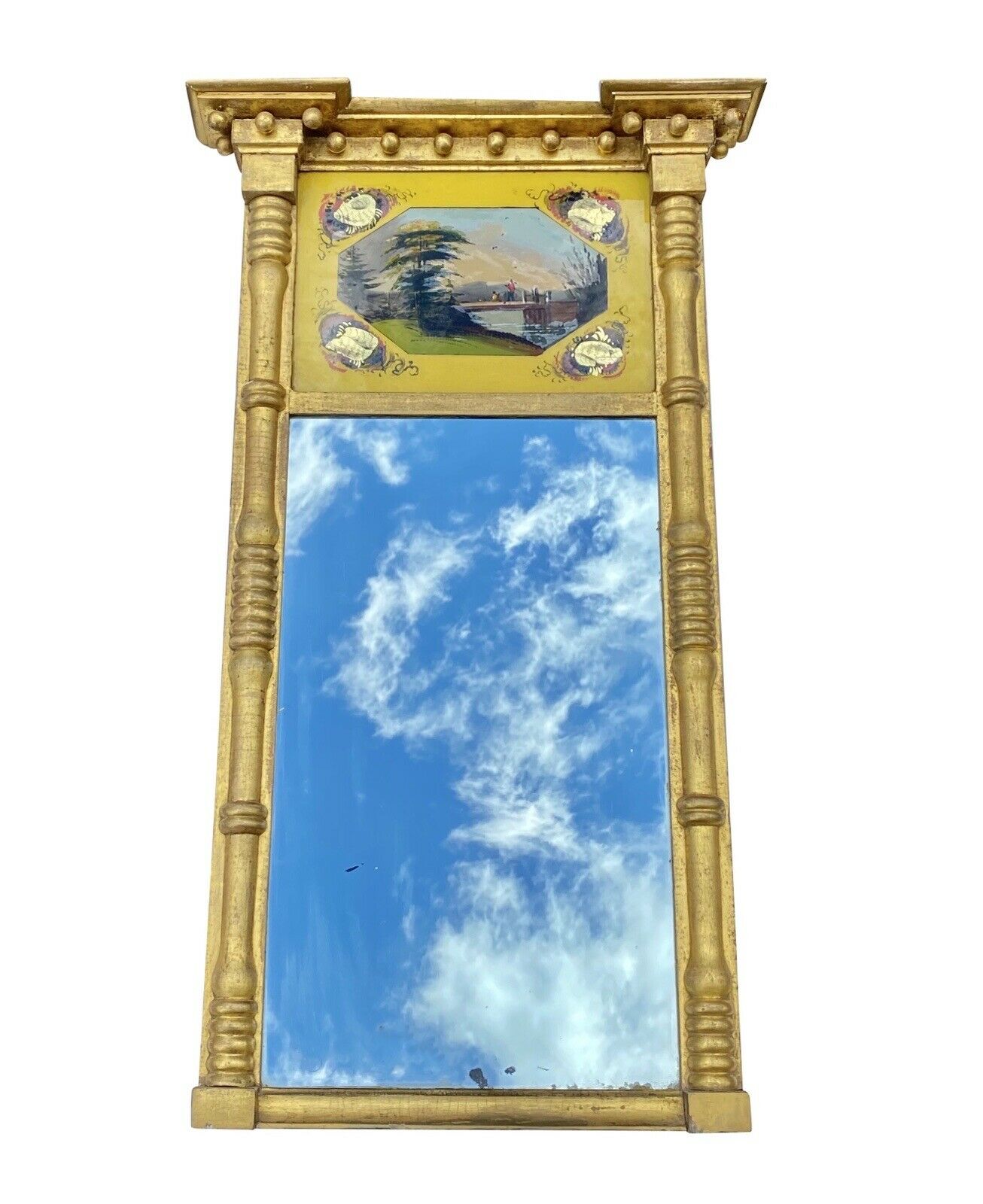 19th C Antique Federal Period Gold Tabernacle Mirror W/ Eglomise Painted Panel