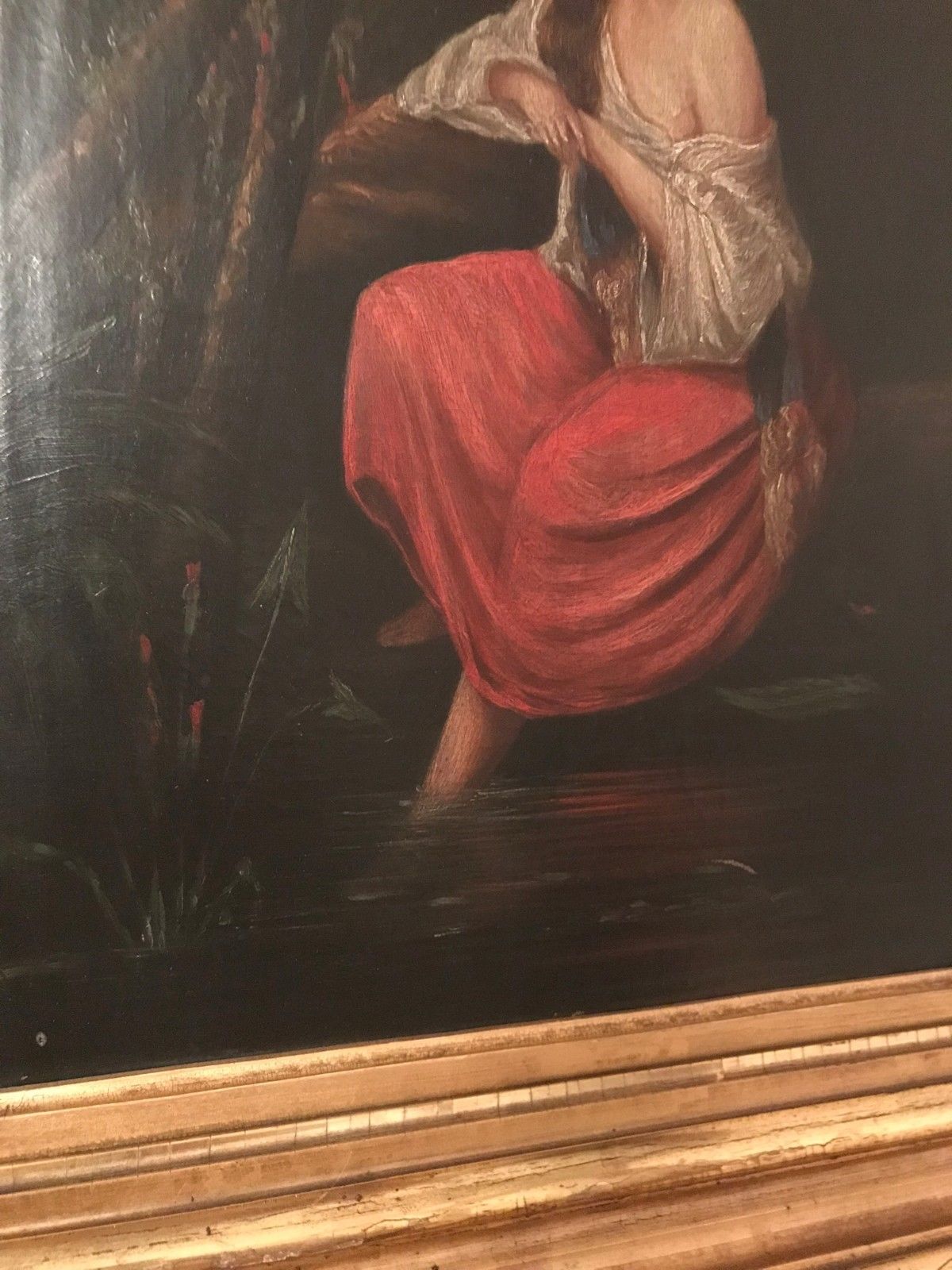 19TH CENTURY HUDSON RIVER VALLEY OIL ON CANVAS OF SEMI CLAD WOMAN IN MOONLIGHT