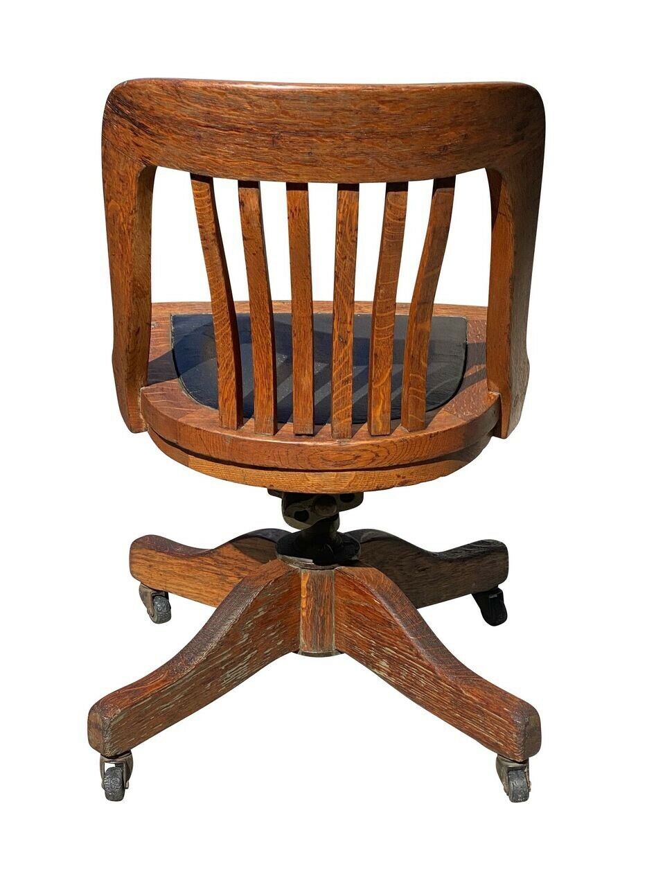 19TH C ANTIQUE VICTORIAN TIGER OAK SWIVEL OFFICE DESK CHAIR W/ LEATHER SEAT