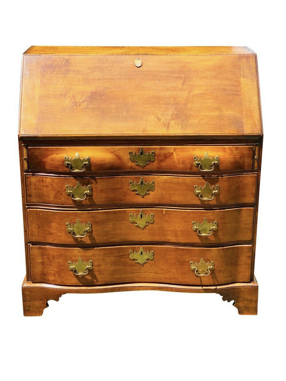18TH C ANTIQUE CHIPPENDALE TIGER MAPLE MASSACHUSETTS OXBOW SLANT LID DESK